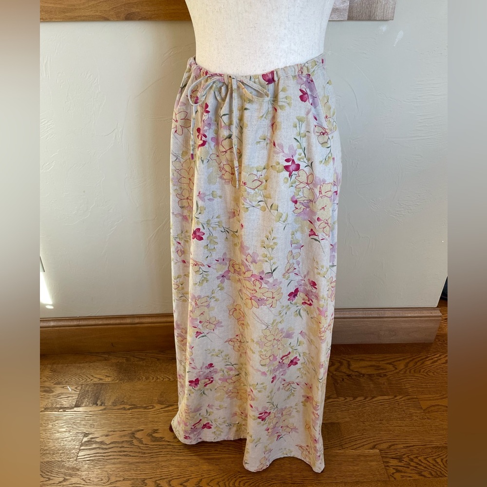 Liz Claiborne linen rayon drawstring beige floral maxi skirt